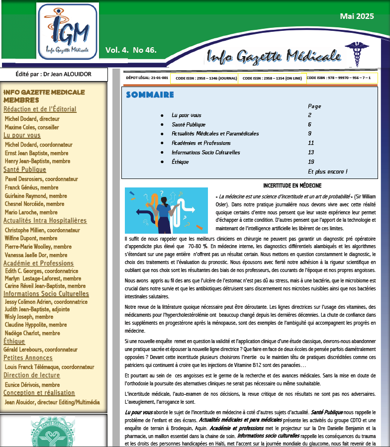 Couverture INFO GAZETTE MÉDICALE (IGM) Vol 4 No 46